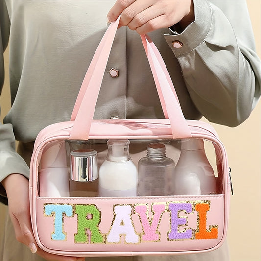 Transparent Letter Pattern Makeup Bag With Handle, Lightweight Portable Waterproof Travel Essentials Large Capacity Cosmetic Bag Zipper Pouch