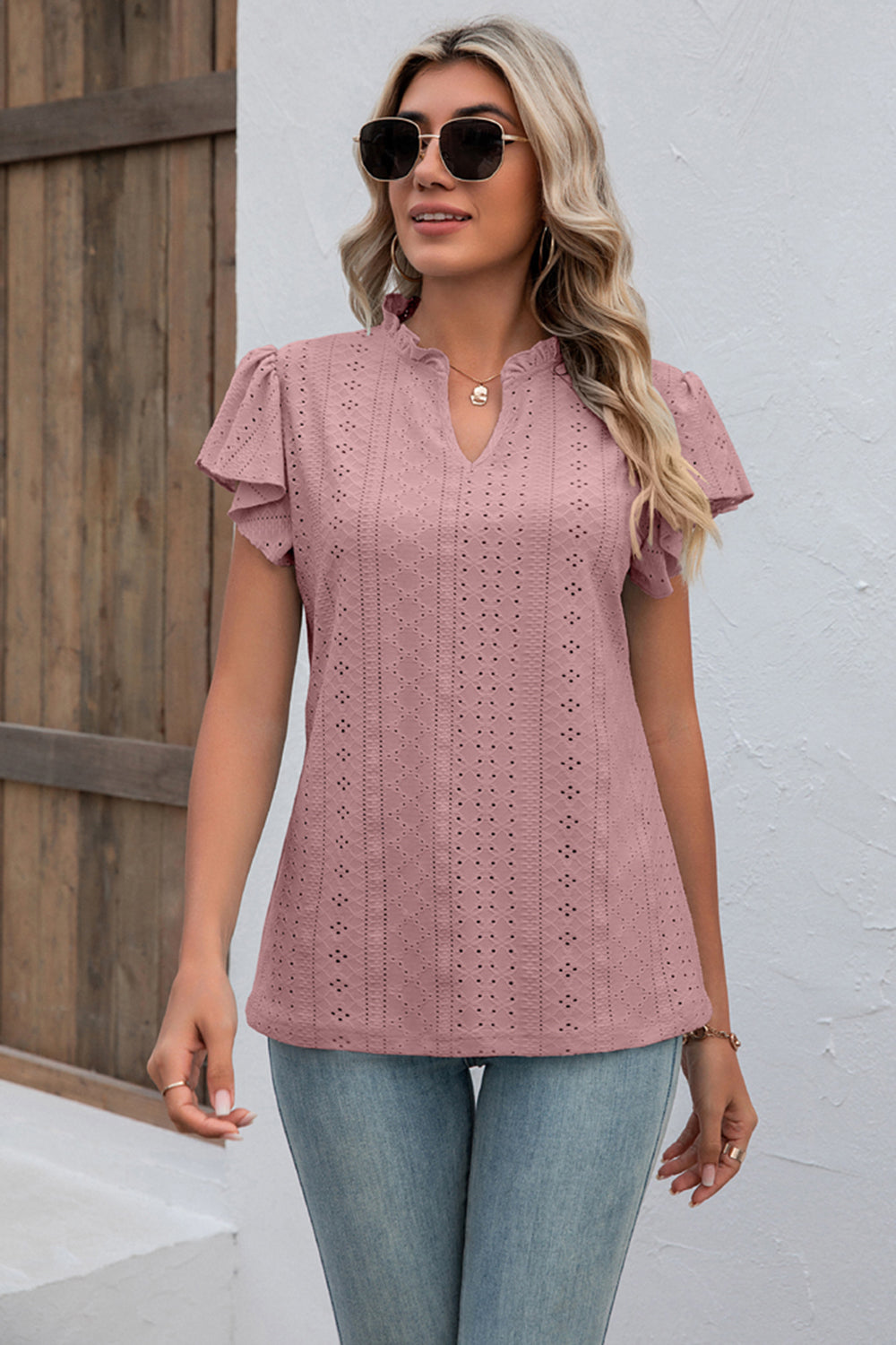 Eyelet Notched Neck Flutter Sleeve Top