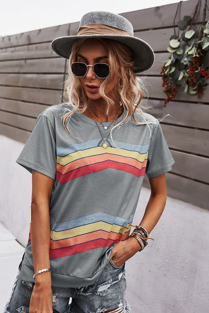 Multicolored Chevron Stripe Round Neck Side Slit T-Shirt