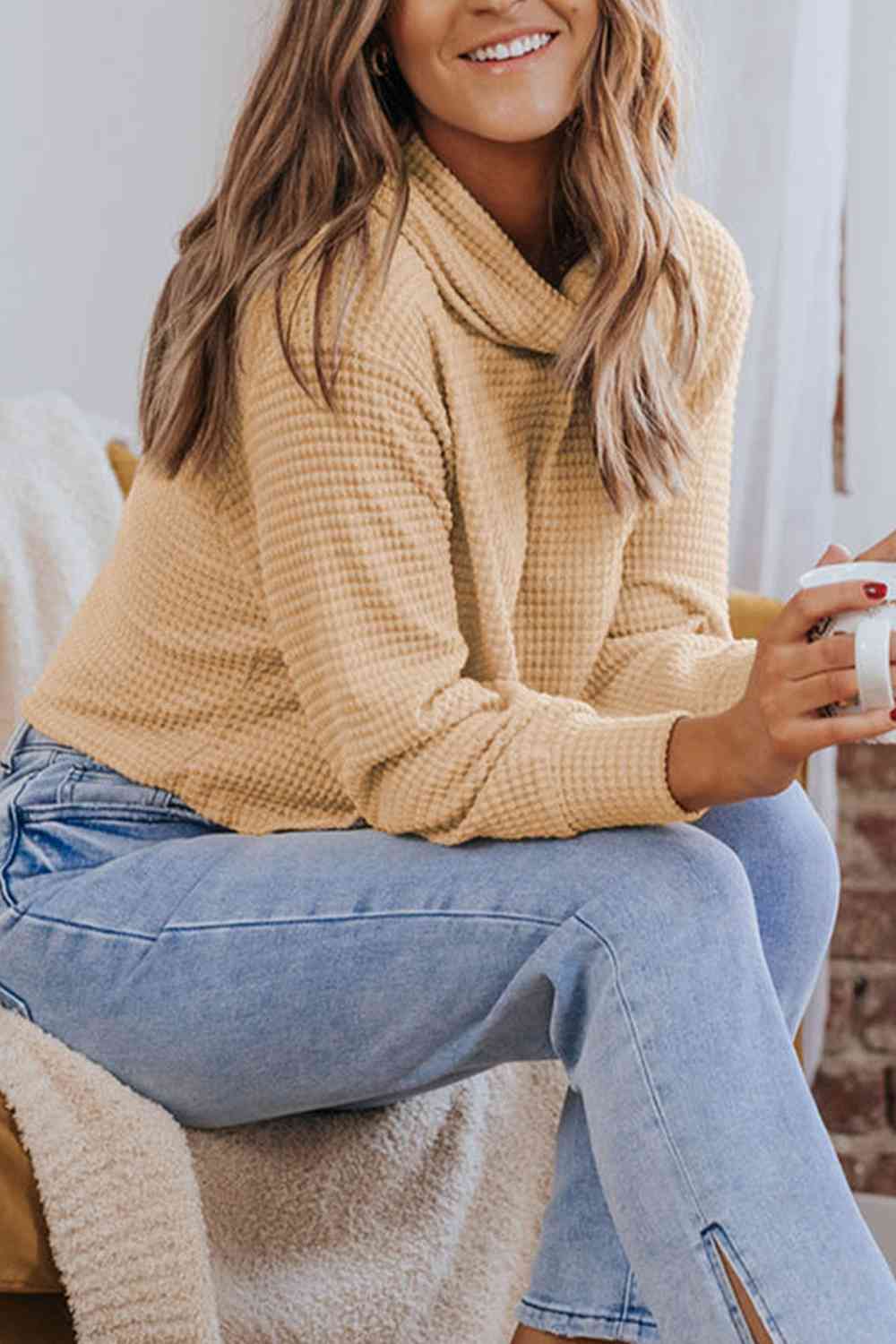 Waffle-Knit High Neck Top