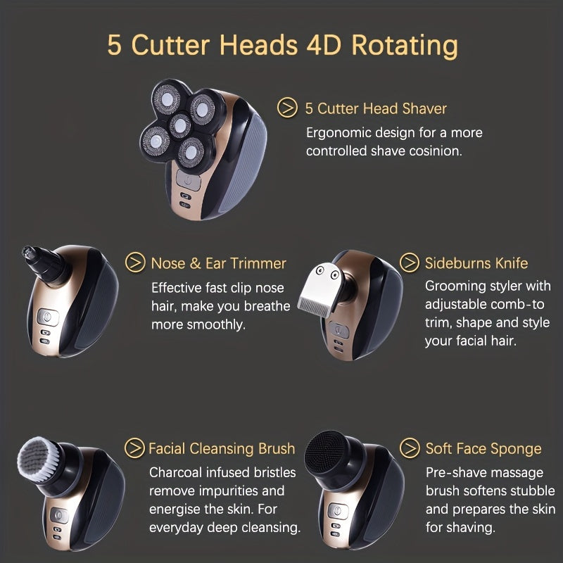 5-in-1 Electric Shaver for Men: Bald Head Polish, Hair Clipper, Trimmer, Floating 5 Blade Heads & Rechargeable Razors!