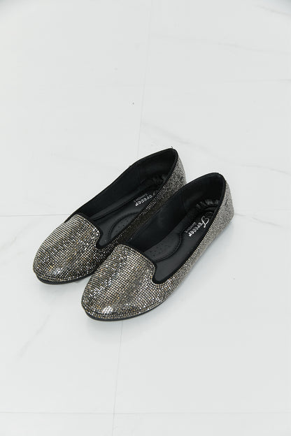 Forever Link Rhinestone Round Toe Flats in Black/Pewter