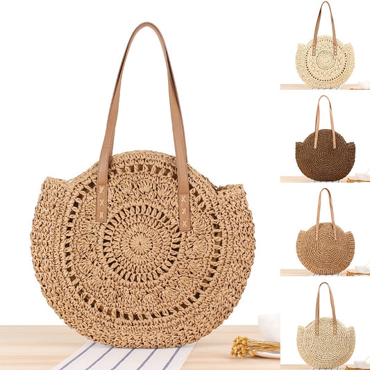 Stylish Woven Beach Bag - Hollow-Out Straw Handbag with Large Round Capacity for Shoulders