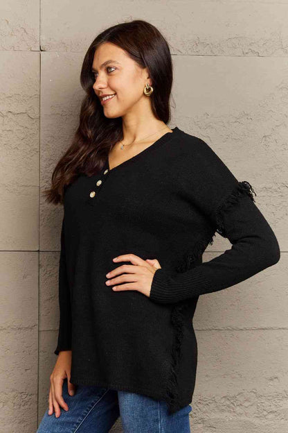 Ninexis Full Size Buttoned Dropped Shoulder Raw Hem Pullover Sweater