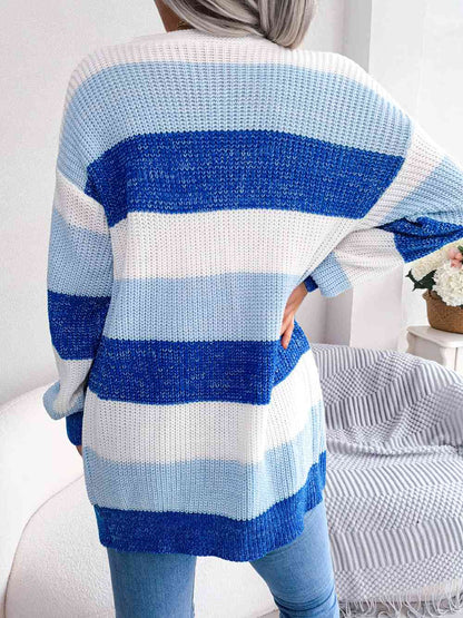 Striped Rib-Knit Open Front Longline Cardigan