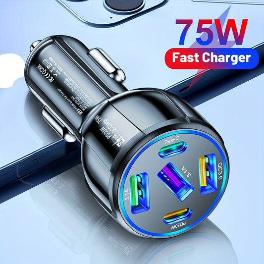 75W 5-Port Car Charger: Fast Charging PD Charger QC3.0 for Type-C Phones & Devices - In-Car Power Adapter