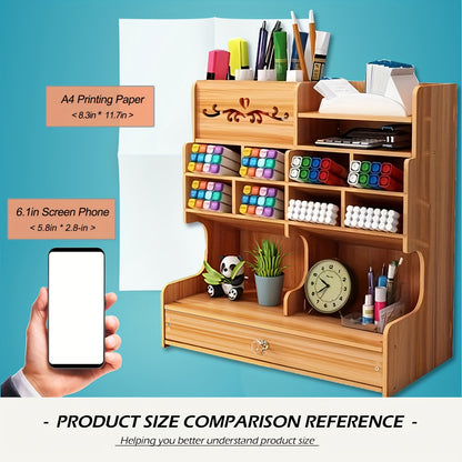 1pc DIY Manual Assembly Wooden Desk Organizer, Multi-Functional DIY Pen Holder, Pen Organizer For Desk, Desktop Stationary, Easy Assembly, Home Office Art Supplies Organizer Storage With Drawer