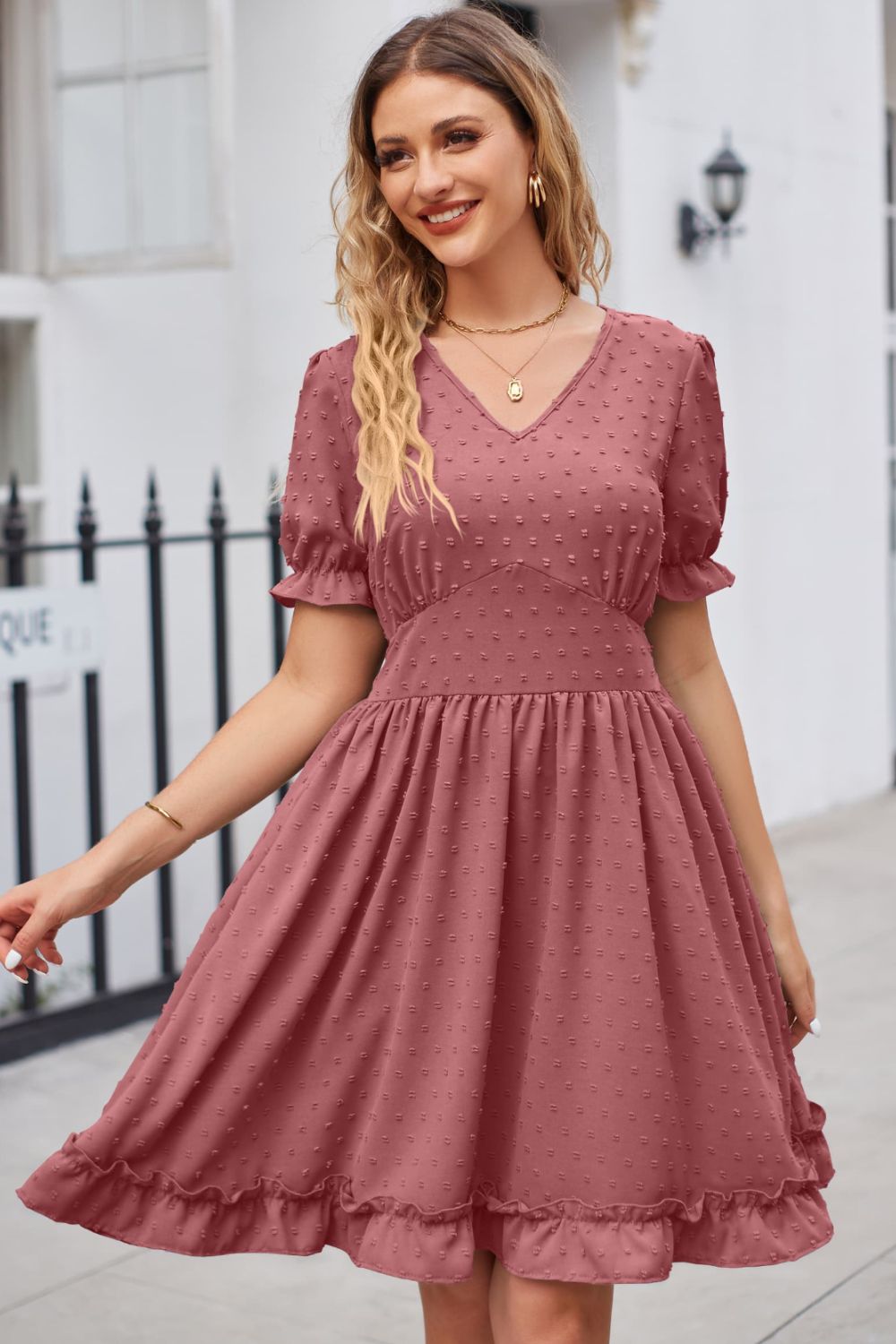 Swiss Dot Frill Trim Flounce Sleeve V-Neck Dress