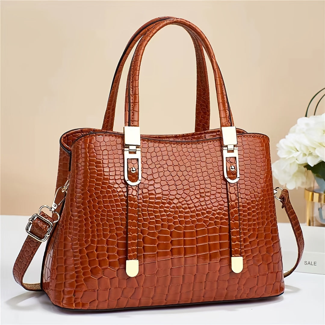 Women's Crocodile Embossed Shoulder Handbag - Stylish Solid Color Crossbody Purse With Removable Strap