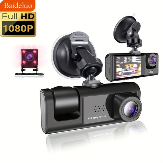 2 Inch Car Dash Cam: 1080P 3 Camera Cycle Recording Video Recorder, Inside Front Rear View Camera, Parking Monitor, Reverse Camera, Infrared Night Vision