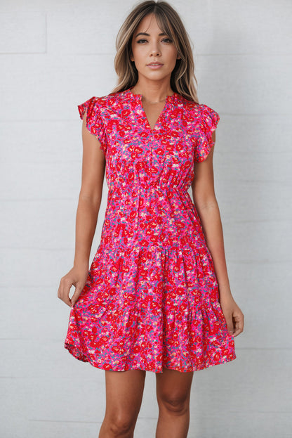 Floral Print Notched Neck Cap Sleeve Mini Dress