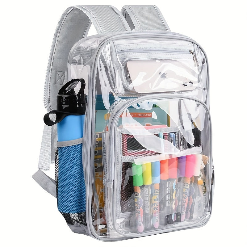 Student Clear Backpack, Large Heavy Duty PVC Transparent Backpack, See Through With Reinforced Straps Backpack Clear Bookbag For School, Sports, Work, Travel, College,Grey Black Pink Purple