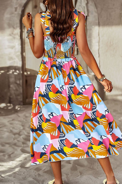 Printed Smocked Tie Shoulder Dress