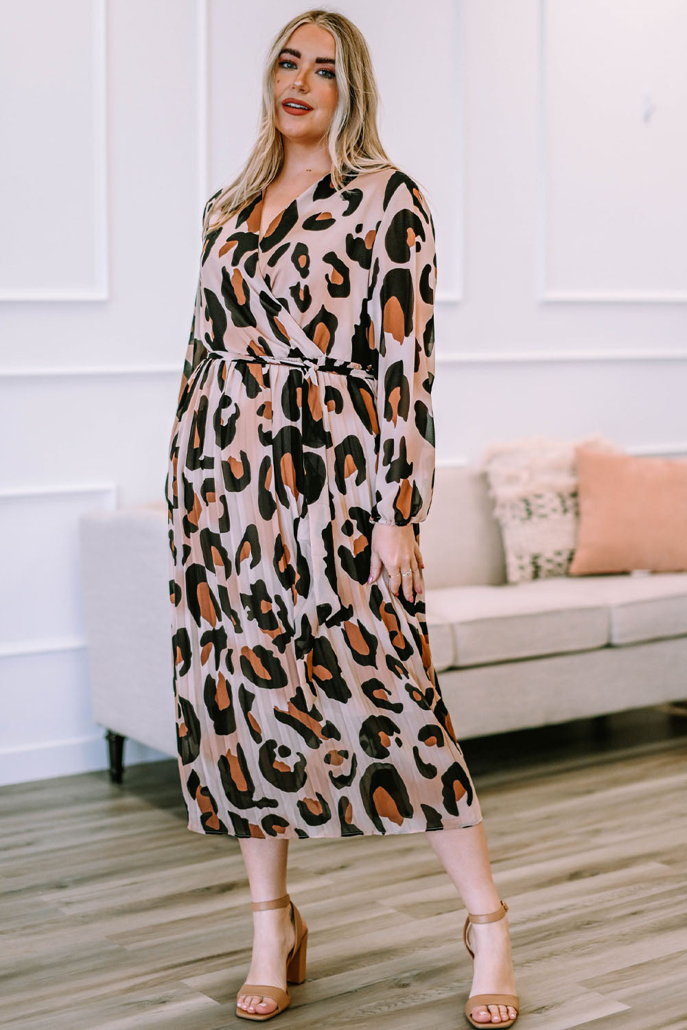 Plus Size Leopard Print Surplice Neck Long Sleeve Midi Dress