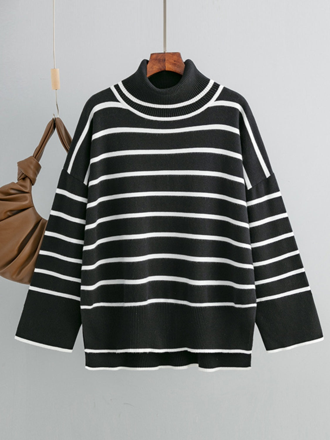 Striped Drop Shoulder Turtleneck Sweater