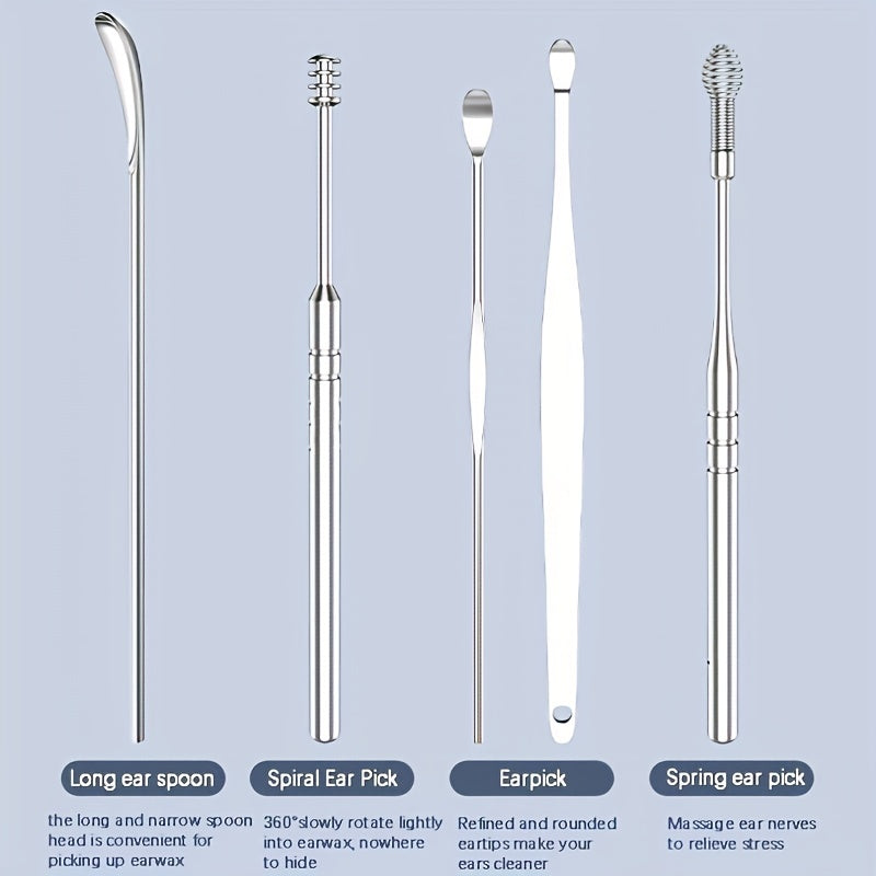 Ensemble de dissolvant de cérumen en acier inoxydable, spirale collecteur de cérumen, cure-oreille tournant, cuillère de nettoyage d'oreille, ensemble d'outils de nettoyage d'oreille 6 pièces 