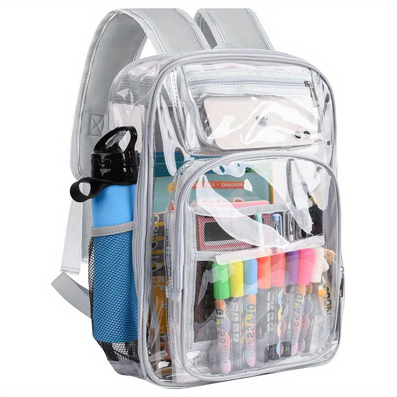 Student Clear Backpack, Large Heavy Duty PVC Transparent Backpack, See Through With Reinforced Straps Backpack Clear Bookbag For School, Sports, Work, Travel, College,Grey Black Pink Purple