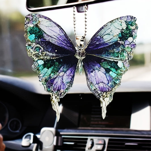 1pc Colorful Acrylic Butterfly Car Interior Hanging Ornament & Keychain - Festive Rearview Mirror Decoration & Fashion Accessory