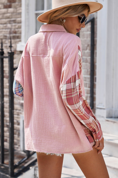 Plaid Color Block Textured Drop Shoulder Shirt Jacket