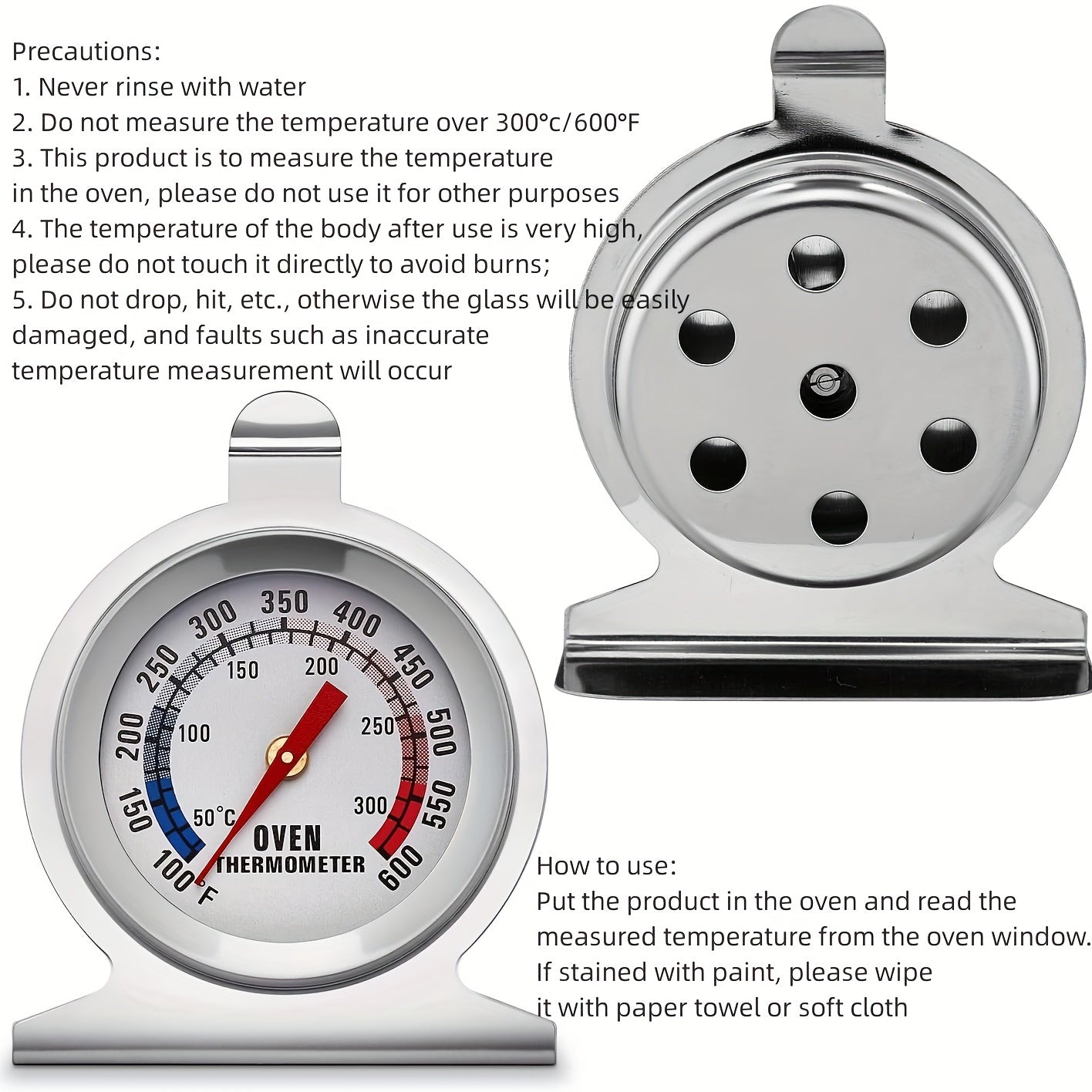 Stainless Steel Oven Thermometer For Electric/Gas Oven, 2-Inch Dial Instant Read Kitchen Cooking Grill Smoker Thermometer(50-300°C/100-600°F)