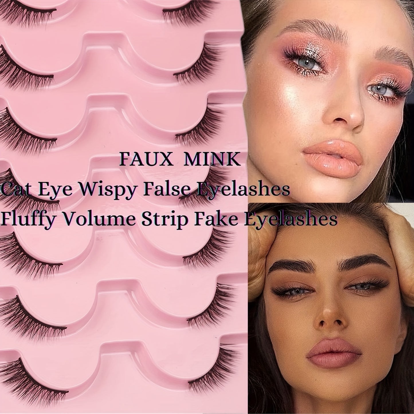 7 paires de faux cils demi-yeux, cils de vison moelleux naturels oeil de chat, cils longs et courts vaporeux 