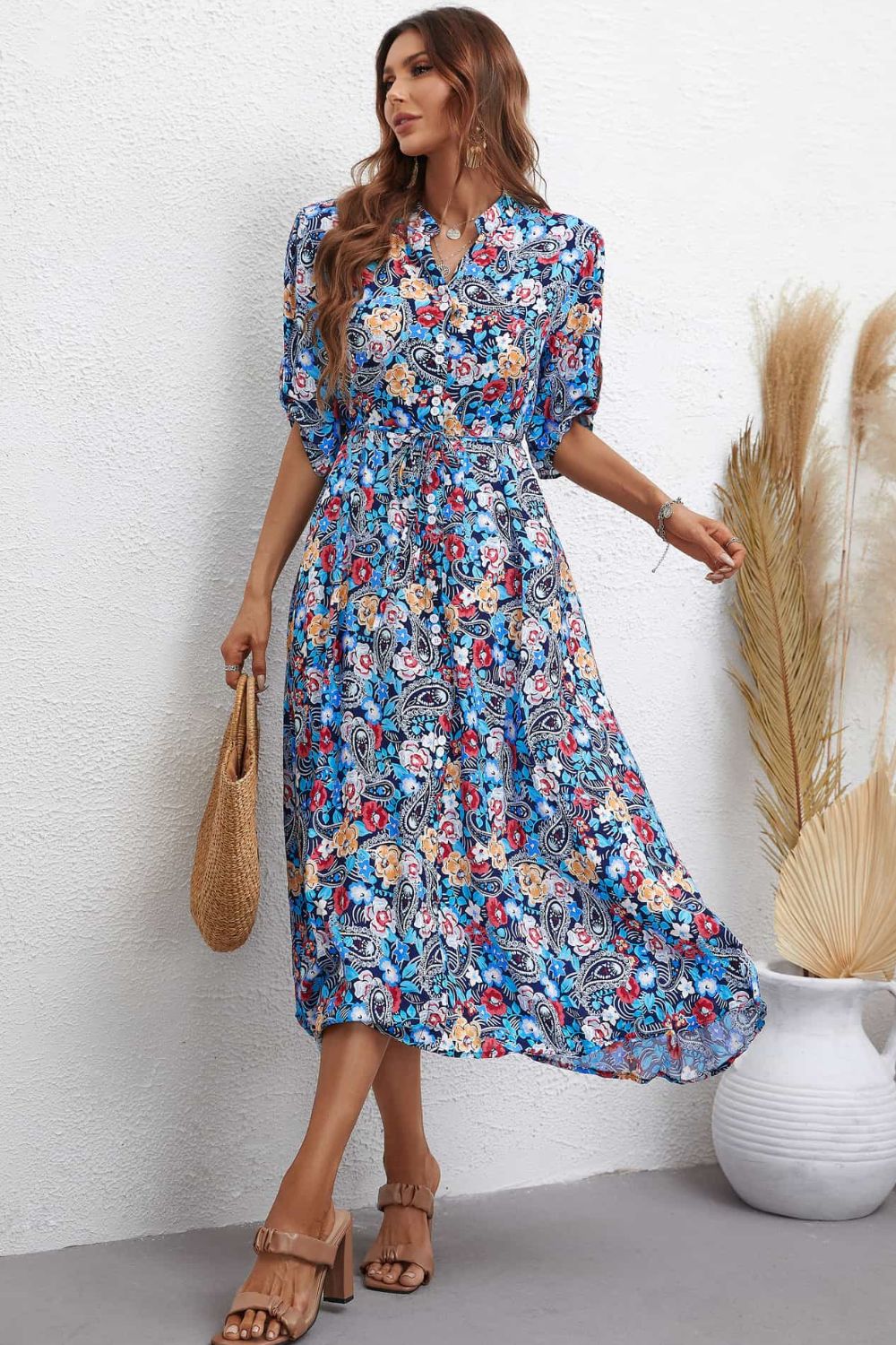 Floral Notched Neck Half Sleeve Dress