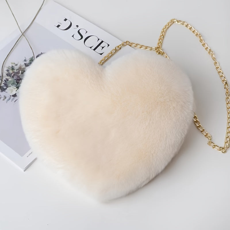 Valentine's Day Perfect: Heart-Shaped Fluffy Shoulder Bag with Chain Crossbody & Cute Zipper Purse