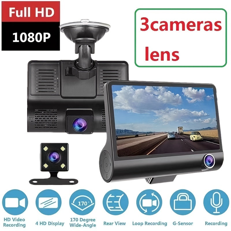 Triple Recording Car DVR - 1080P HD Front, Interior, and Rear Cameras with 4.0-inch Screen, Reverse Image, and Loop Recording - Capture Every Angle for Ultimate Safety and Security