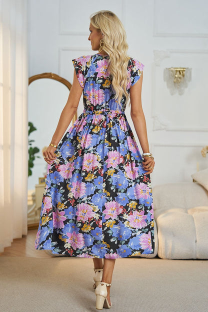 Robe midi trapèze fleurie à col en V