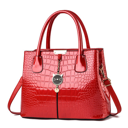 Stylish Crocodile Embossed Handbag - PU Leather Patent Shoulder Bag with Metal Decor and Double Handle for Women