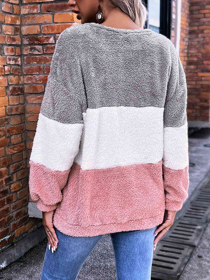 Color Block Round Neck Teddy Sweatshirt