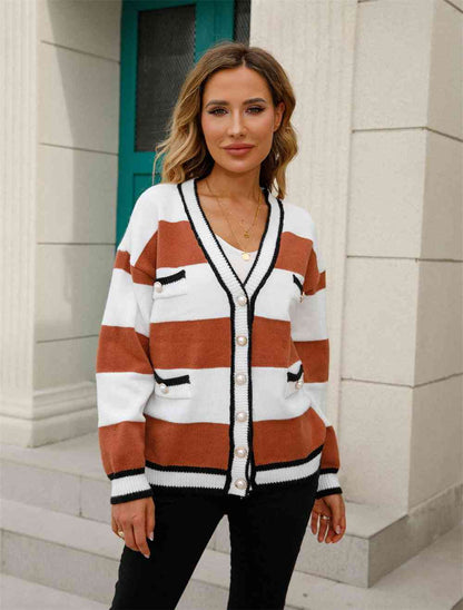 Color Block V-Neck Long Sleeve Cardigan