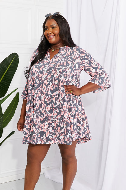 Sew In Love Full Size Floral Notched Neck Three-Quarter Sleeve Mini Dress