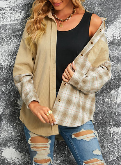 Plaid Color Block Dropped Shoulder Corduroy Shacket