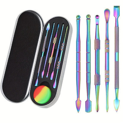 6 In 1 Smoking Oil Wax Spoon Tools Accessories Set With 1 Silicone Box, Stainless Steel Pipe-Oil Spoon Cigarette Cream Spoons Smoke Tools Cigarettes Digging Oils Cleaning Tool For Man Father's Day Gift