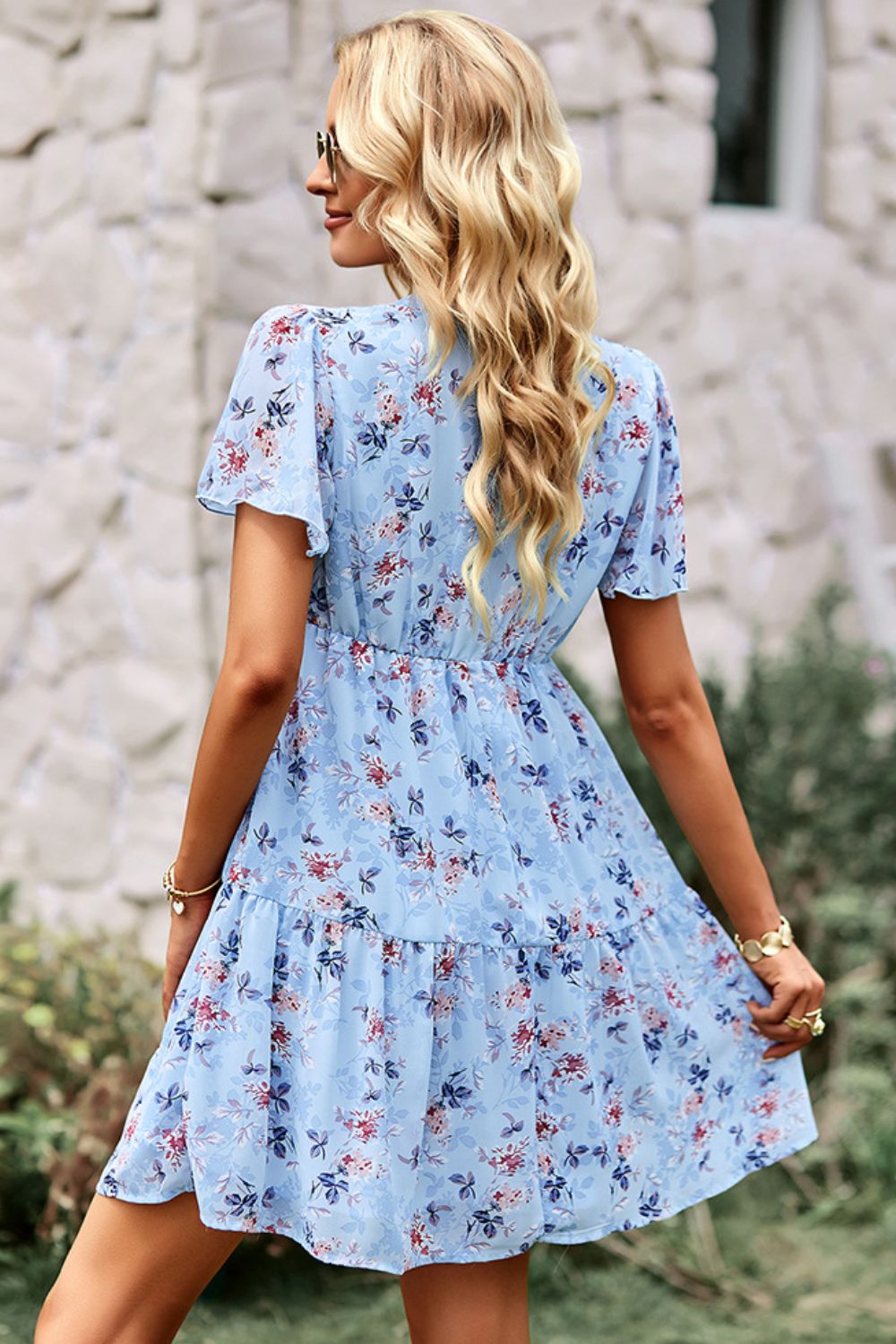 Floral Notched Flutter Sleeve Mini Dress