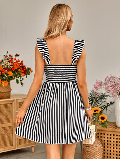 Striped Smocked Ruffle-Shoulder Sleeveless Dress