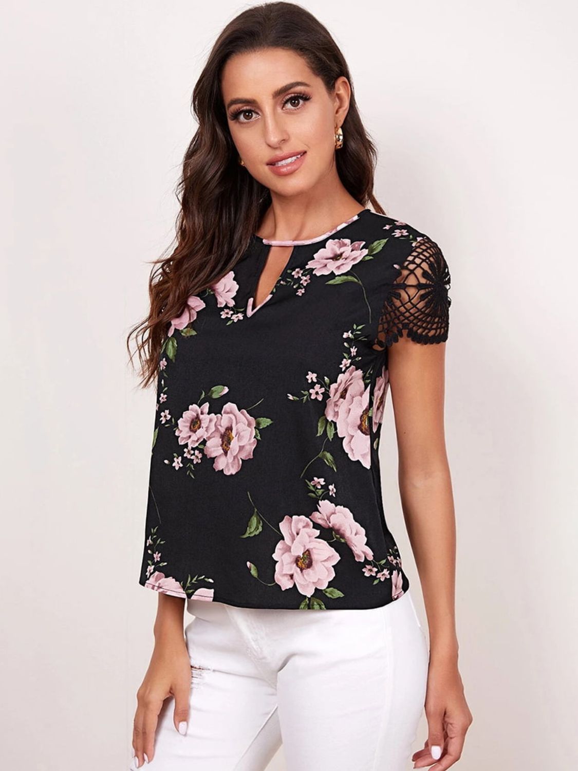 Floral Cutout Round Neck Blouse