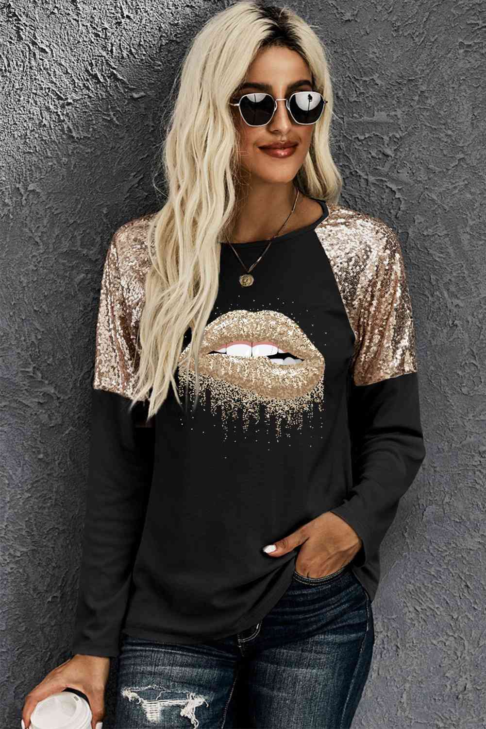 Lip Graphic Sequin Long Sleeve T-Shirt