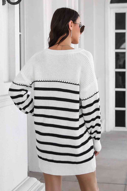 Striped V-Neck Drop Shulder Sweater Dress