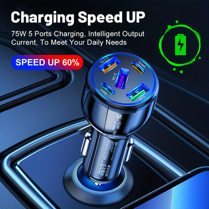 75W 5-Port Car Charger: Fast Charging PD Charger QC3.0 for Type-C Phones & Devices - In-Car Power Adapter