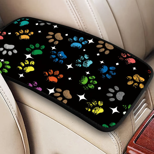 Star Pattern Dog Paws Print Armrest Box Mat, Cute Cartoon Multicolor Dog Paws Armrest Box Protector Center Console Cover Car Decoration Accessories