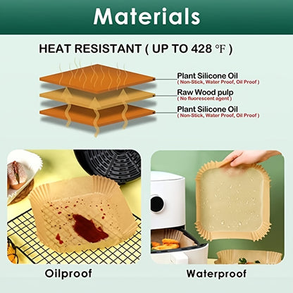 Doublures en papier pour friteuse à air, 100 pièces de papier parchemin, doublure en papier jetable pour friteuse à air pour micro-ondes, doublures de friteuse à air antiadhésives carrées sans agent de blanchiment (8 po/6,3 po) 