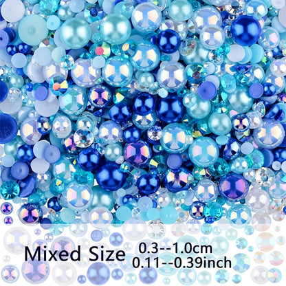 3800pcs 30g Mixed Flat Back Pearls and Rhinestones for Crafts and Nail Art - 3mm-10mm Sizes in Blue, Pink, and White - Perfect for Eye Makeup and Jewelry Design