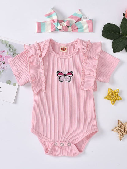 Baby Girl Embroidered Butterfly Graphic Ruffled Bodysuit