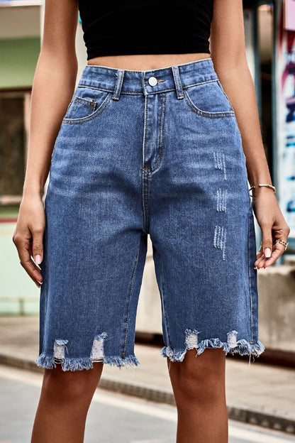 Short en jean taille haute à ourlet brut avec poches