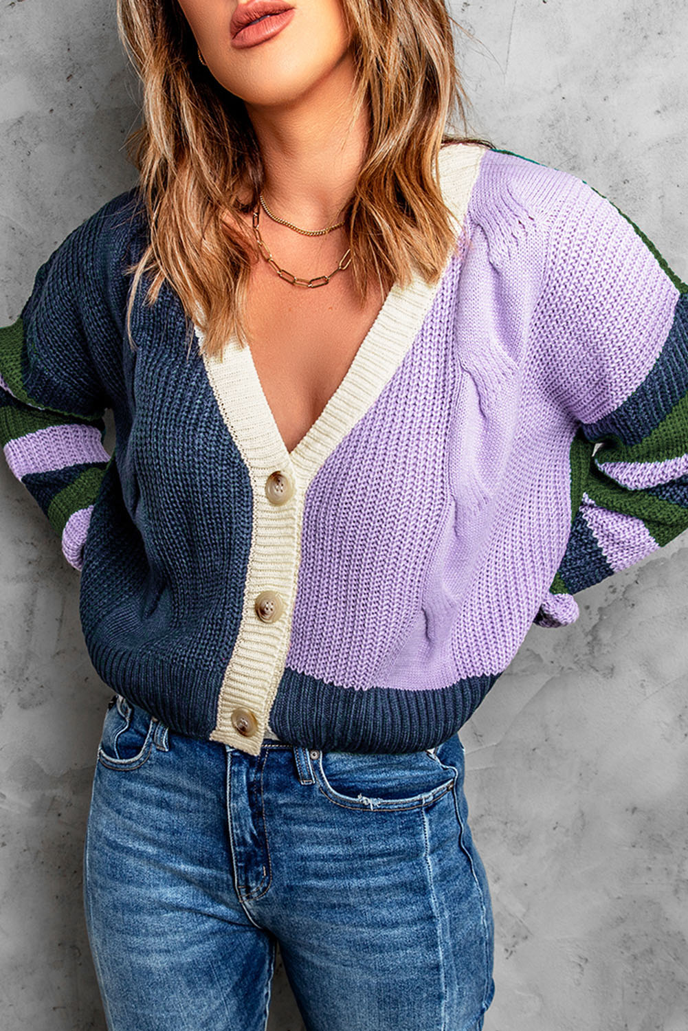 Color Block Rib-Knit V-Neck Cardigan