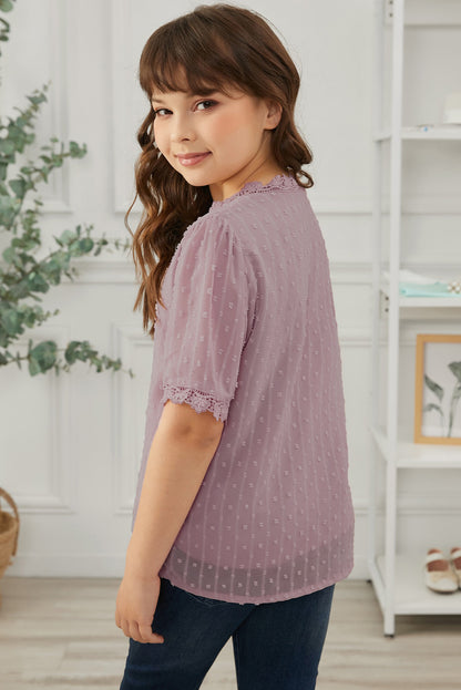 Girls Swiss Dot Spliced Lace Blouse