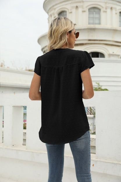 Swiss Dot Notched Neck Short Sleeve Top