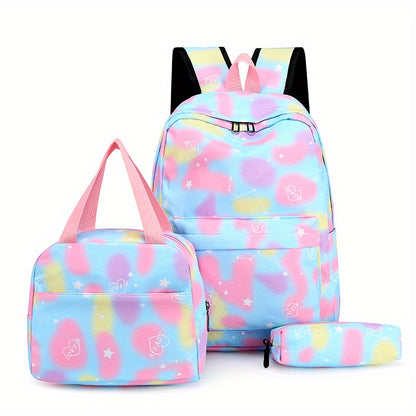 3Pcs Kawaii Backpack Set, Tie Dye Cartoon Pattern School Bag With Lunch Box Bag & Pencil Case